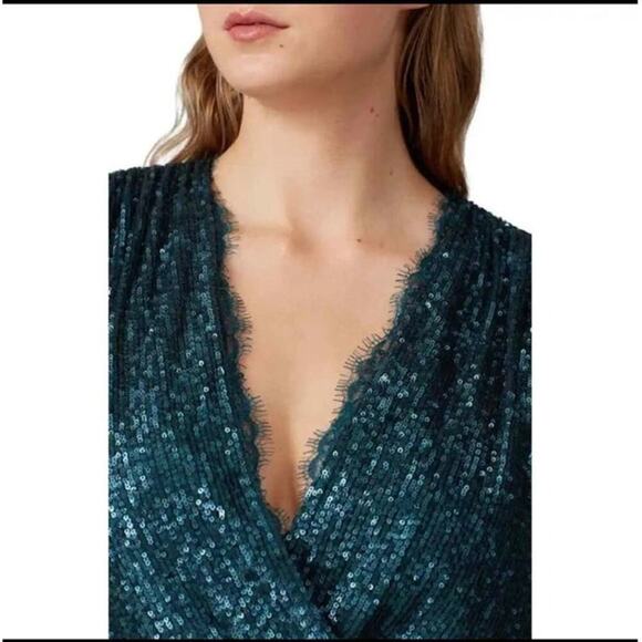 JONATHAN SIMKHAI Sequin Embroidered Long Sleeve Draped Front Marine Gown Size 2 - Picture 3 of 14